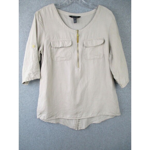 Ellen Tracy Womens Medium Linen Top Beige Tassel Zip Coastal Lagenlook Pockets - Picture 1 of 12